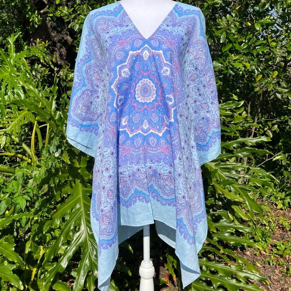 J. MCLAUGHLIN Redondo Linen Poncho Blue Purple Block Print Caftan Small